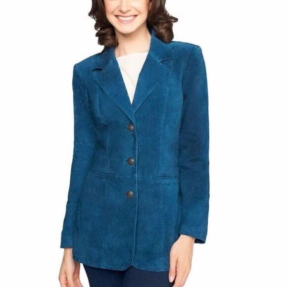 Denim&Co Washable Suede Jacket Blazer Mallard Blue - Picture 1 of 6